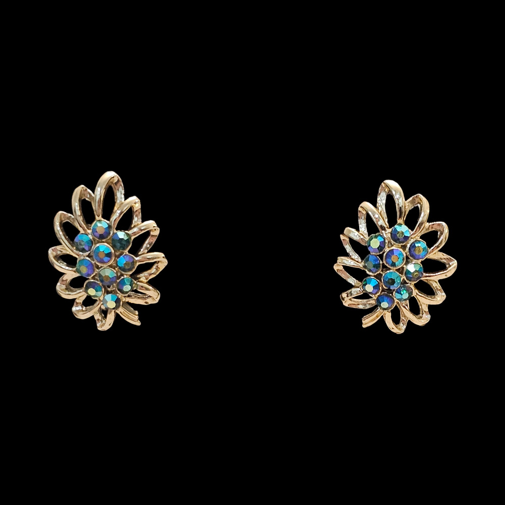 Vintage Blue AB Rhinestone Clip on Earrings Gold Tone Floral Starburst Cluster
